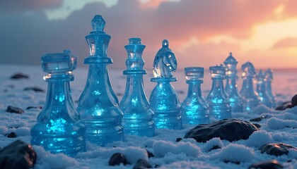 Glass Chess Pieces on Snow