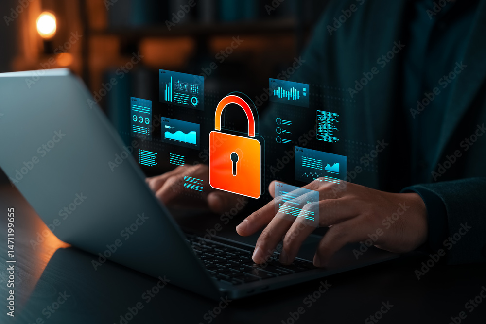 Aufkleber cybersecurity concept showing hands typing on laptop with virtual lock icon and data interface. symb