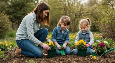 Fototapeta premium Mother and daughters planting colorful flowers in a garden 