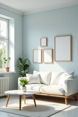 Naklejka premium Serene Minimalist Living Room Interior Design with White Sofa and Empty Picture Frames