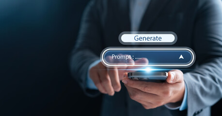 Businessman interacting with a virtual AI prompt interface on a smartphone, concept of generative AI, content creation, prompt engineering, and artificial intelligence technology for innovation.
