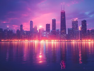 Fototapeta premium Vibrant Sunset Colors Behind Chicago Cityscape high resolution image