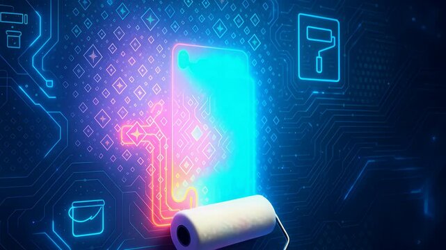 Paint Roller Coloring Digital Wall with Glowing Neon Patterns and Icons Representing Futuristic Painting and Smart Decor Ideas

