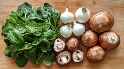 Fresh spinach, onions, and mushrooms on a wooden cutting board.