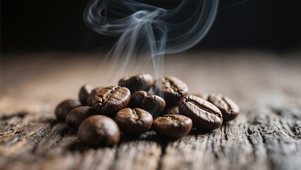 Steaming Roasted Coffee Beans on Rustic Wooden Table