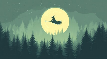 Silhouette of a witch flying on a broomstick across the full moon over a forest of pine trees at night. Halloween themed background with dark green tones and starry sky.