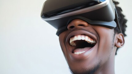 Fototapeta premium A smiling man wearing a virtual reality headset is enjoying himself