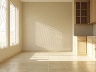 Fototapeta premium Sunlit, empty, beige kitchen with wood cabinets and large windows