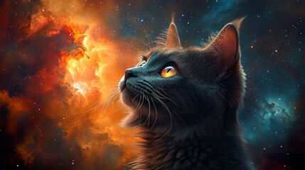 Majestic space cat with glowing eyes gazing into a colorful galactic sky  