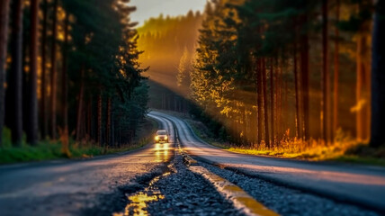 A dramatic landscape photograph of a wet forest road at sunrise. The road is curved and stretches into the distance, with a car's headlights visible in the middle distance.