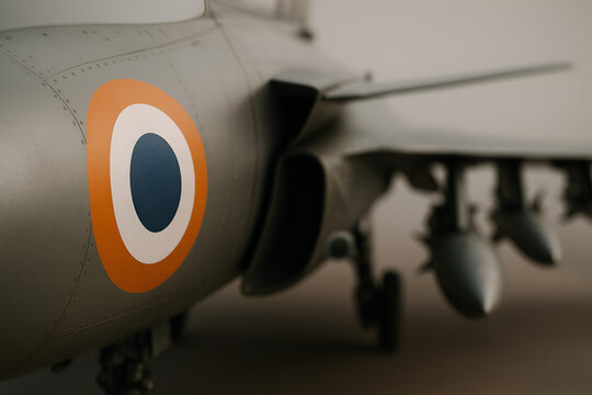 Indian Jet Emblem: A Simple Composition of Aerospace Engineering. Explore this striking image featuring a military fighter aircraft, embodying the might of Indian aviation with the prominent