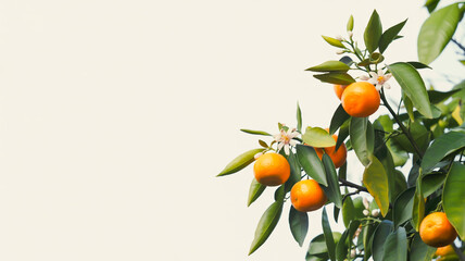 A white background with an orange or tangerine tree branch with fruits and flowers