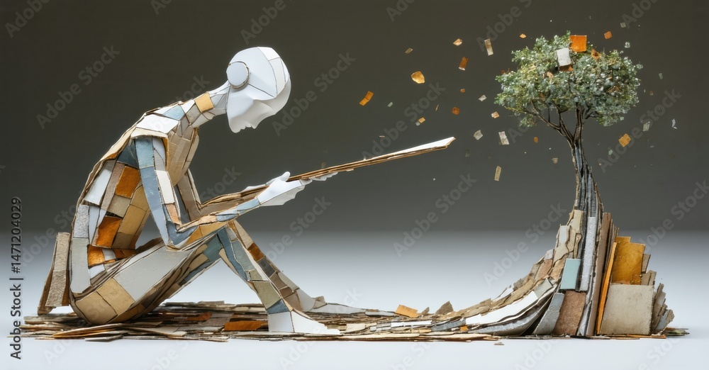 Poster fragmented figure sits near small tree. pieces fall from both, suggesting decay, loss, vulnerability
