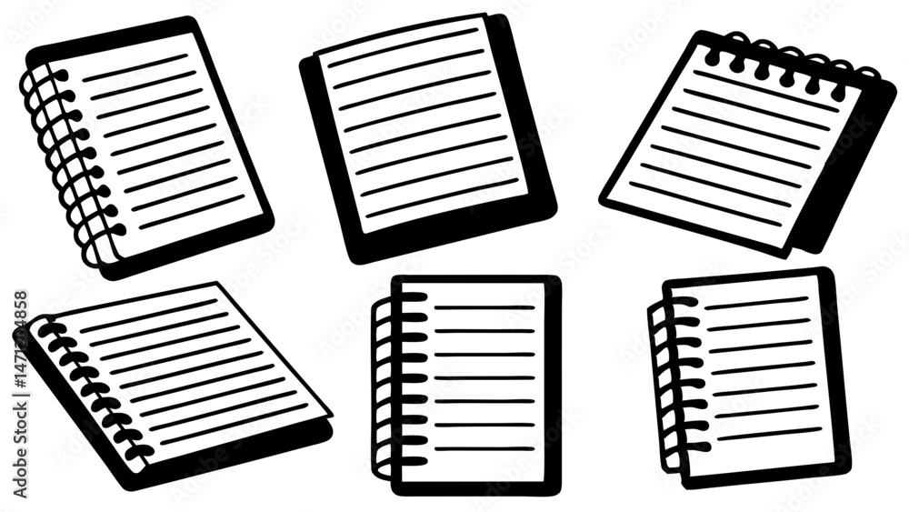 Poster black and white vector notebooks in various angles and styles with transparency