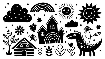 Black and white hand drawn doodle elements on transparent background for design projects