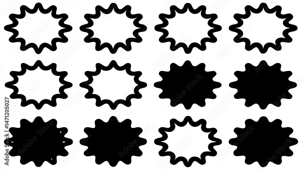 Poster Graphic design elements set with burst shapes in outline and solid fill variations