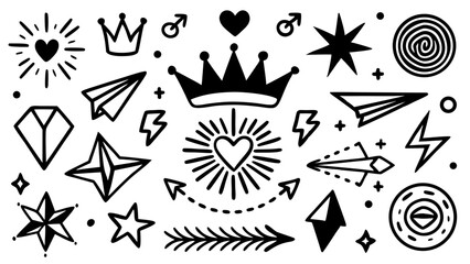 Hand drawn design elements in black color with symbols of hearts crowns and stars