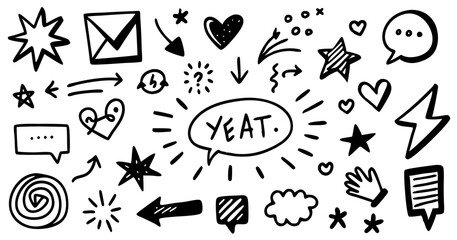 Hand drawn doodle elements with yeat speech bubble in black and white style