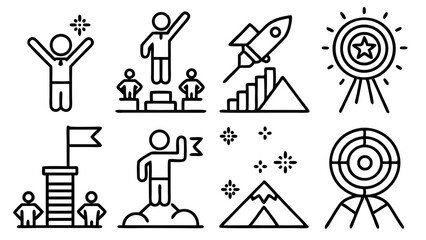 Success and achievement concept illustrated through line art icons on white background