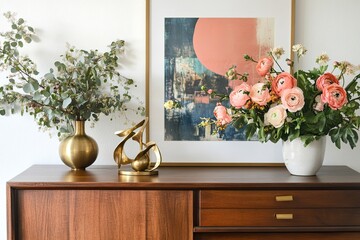 Mid-century wooden credenza with art print brass sculpture and fresh floral arrangement
