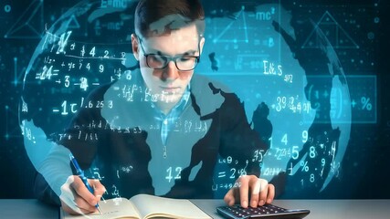 Man Writing in Notebook and Using Calculator Surrounded by Global Math Symbols Representing Analysis, Data and Calculation

 - Powered by Adobe