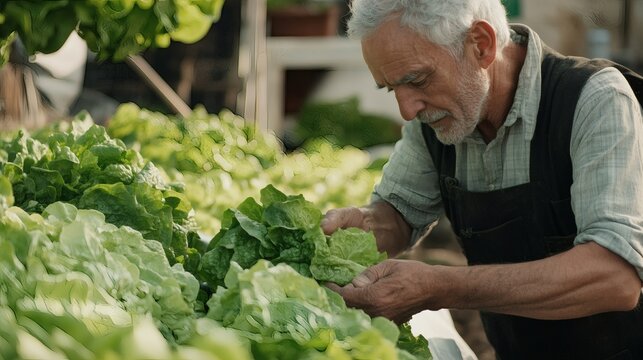A senior farmer inspecting fresh green lettuce in a greenhouse setting