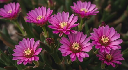 Blooming Pink Ice Plant Flowers in Garden Setting with Green Foliage