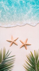 Tropical Beach Scene with Starfish and Palm Leaves