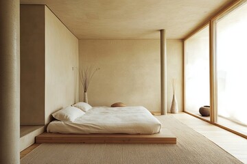 Minimal bed frame and neutral rug near warm beige wall. Zen bedroom vibe.