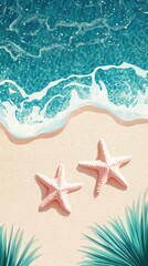 Beach scene, seashells, palm leaves