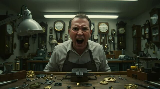 Angry Male Clockmaker in Workshop Surrounded by Clock Parts and Timepieces, Focused on Watch Repairing Process