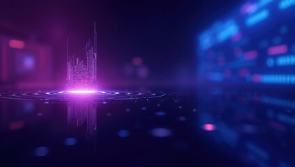 Abstract Tech Background with Digital Energy Core: A Futuristic Design in Deep Purple and Electric Blue Tones, Featuring Blurred Digital Fog, Radiant Glowing Shape, and Innovation in a Balanced