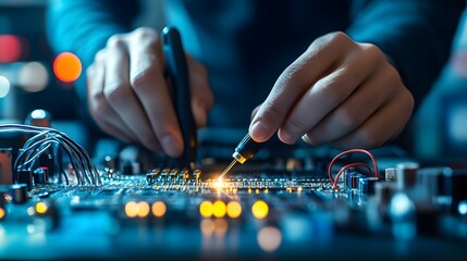 close up of a technician testing for electrical shorts with a continuity tester, probe touching a wire, background showing other wires and tools arranged on a nearby surface