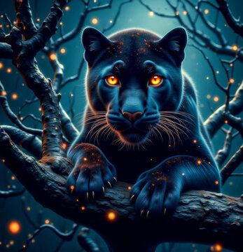 Black Panther in a tree on a dark background  Generated image