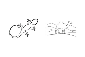 Simple black and white line art of a gecko and a camel on a white background
