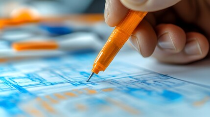 close up of a plumbing designer s hand tracing a complex schematic of the plumbing layout for a skyscraper, hand-drawn details with precise calculations visible