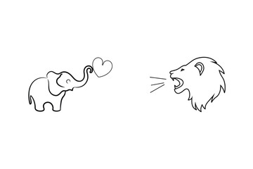 Cute elephant offering a heart to roaring lion vector illustration for romance