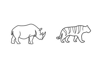 Simple black and white outlines of a rhinoceros and a tiger on white background