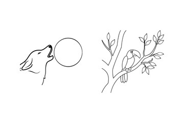 Simple black and white illustration of a howling wolf and a perched toucan bird