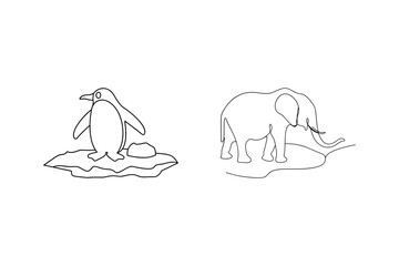 Obraz premium Minimalist line drawing of penguin and elephant animals in black and white style