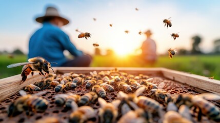 Close up of honey bees swarm on honeycomb frame with beekeepers at sunset harvesting honey in a field for sustainable agriculture project.