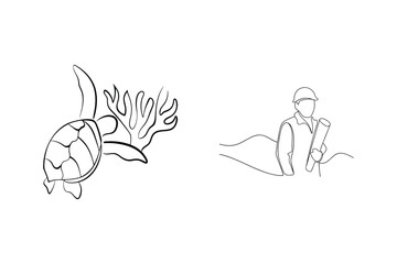 Line drawing showing a sea turtle and an architect illustrating nature and construction