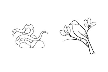 Naklejka premium Elegant line art illustration of snake and bird with nature and wildlife elements