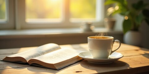 A peaceful morning scene featuring a steaming cup of coffee and an open book bathed in sunlight near a windowsill