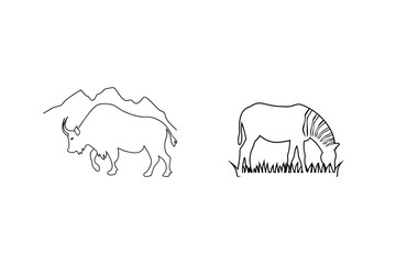 Line drawing depicting bison and zebra in natural habitats with white background