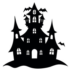 Halooween Haunted House with Bats - Spooky Mansion in Black and White Illustration with Gothic Architecture