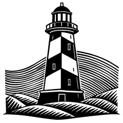  Black and White Lighthouse Silhouette , Coastal Beacon with Waves