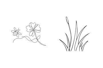 Delicate floral and insect illustration featuring a bee and flower in a single continuous line