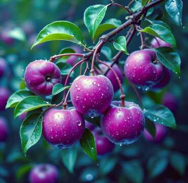 Purple apples with dew  on a branch with leaves , Generated image