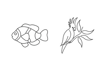 Simple outline drawing of a clownfish and cockatoo with leaves on white background